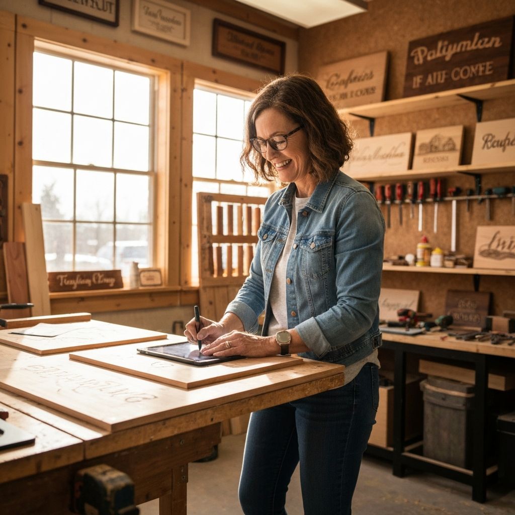 Debbie working on a custom sign